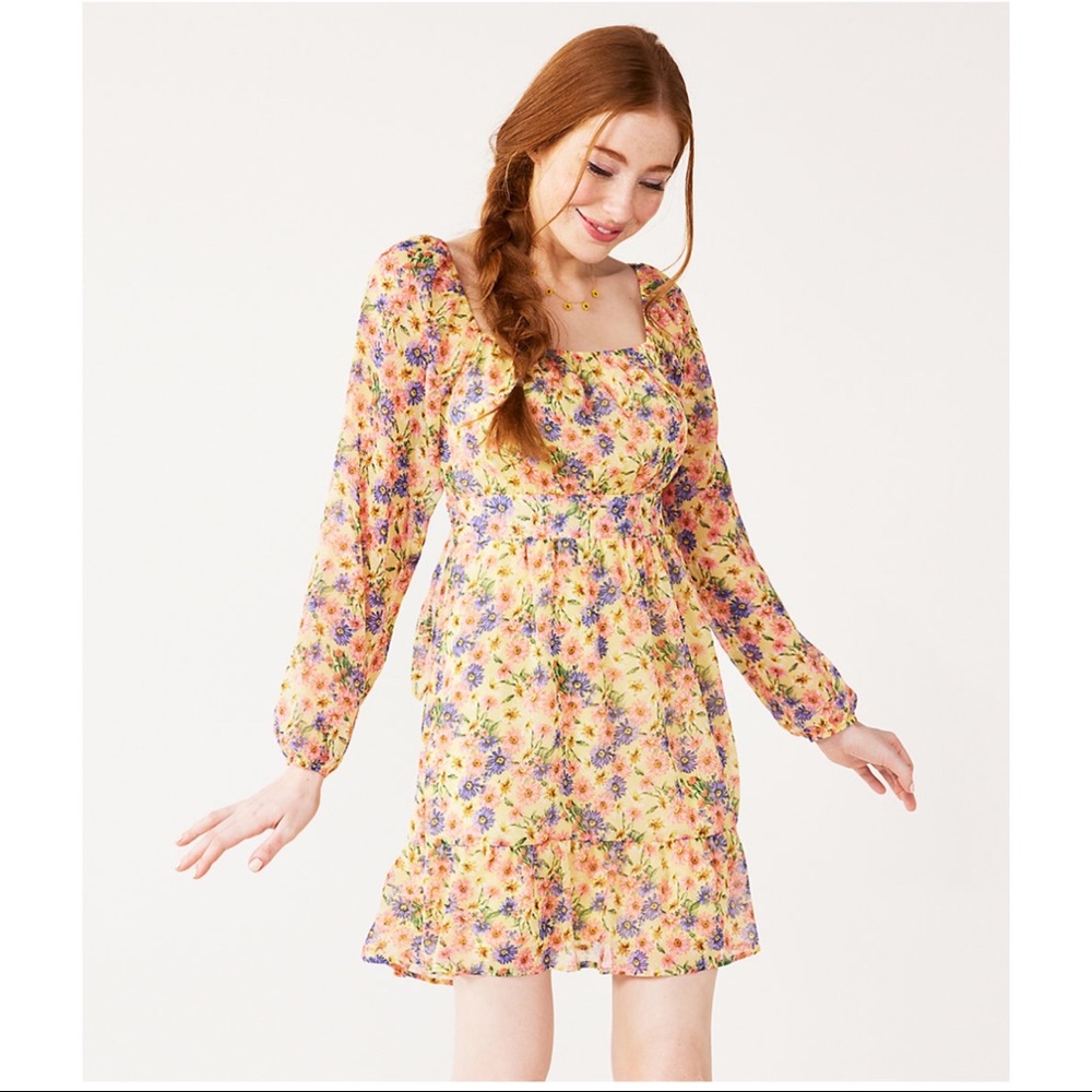NWT Rewind Long Sleeve Skater Mini Dress Yellow Floral Juniors Size L Chiffon